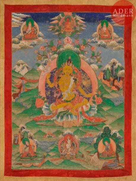 TIBET - XVIIIe siècle
Tangka, détrempe sur toile. Padmasambava sous sa forme courroucée jaune assis sur une peau de tigre sur le lotus, tenant le Khatvanga dans la main droite et un miroir dans la main gauche, entouré de lamas de la secte gelupta et bouddhas sur un fond de paysage montagneux. (Usures, taches, légèrement gondolé, petite déchirure).
Dim. : 65,5 x 49, 4 cm. 