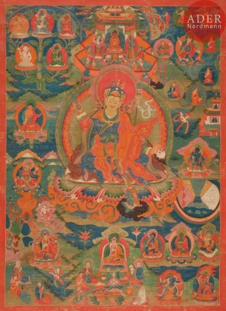 TIBET - XIXe siècle
Tangka, détrempe sur toile. Au centre, Padmasambava assis sur le lotus tenant le vajra, la tête de mort de citipati et le trident, entouré de divinités, lamas et bouddhas. (Pliures, usures).
Dim. : 71,6 x 55,2 cm.
