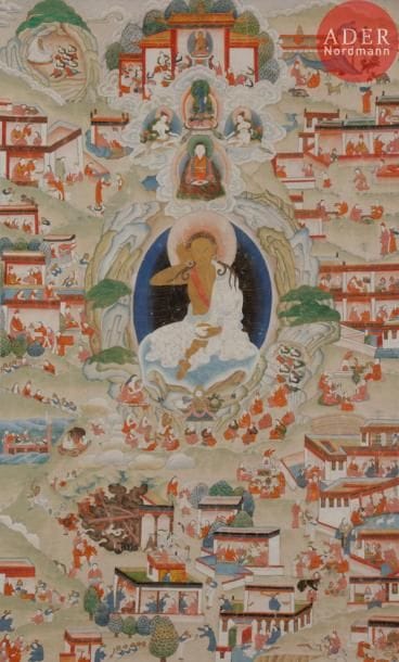 TIBET - XIXe siècle
Tangka, détrempe sur toile. Le yogi Jetsun Milarepa assis sur une peau de loup, vêtu de coton blanc, chantant dans sa grotte, la main derrière l’oreille droite, la main gauche tenant le kapala, des adorants à ses pieds, entouré de scènes illustrant sa vie. (Pliures, usure).
Dim. : 67 x 43 cm. 