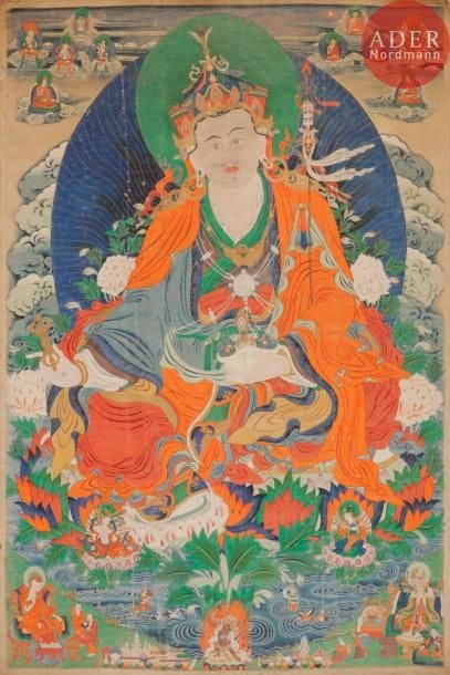 TIBET - XIXe siècle
Tangka, détrempe sur toile. Padmasambava assis sur le lotus tenant le vajra et le trident, sur fond de nuages lamas et bouddha, divinités irritées. (Petites taches, usure, rayures, un petit trou).
Dim. : 113 x 78,3 cm.