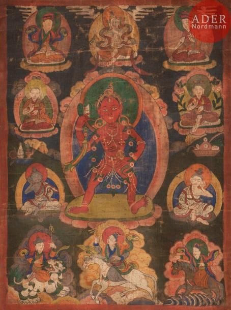 TIBET - Début XXe siècle
Tangka, détrempe sur toile. Tara rouge, Dölma Marpo, debout sur le lotus tenant le damaru de la main droite, le vajra de la main gauche, entourée de yogi, Milarepa, bouddha, Jambala, et divinités.
Dim. : 42,4 x 31,2 cm.
