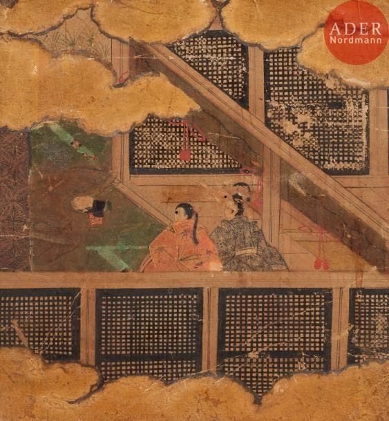 JAPON - XVIIIe siècle
Encre et feuille d’or sur papier, scène d’intérieur tirée du Genji Monogatari. (Coupée, taches, usure, deux petits trous, pliures, déchirures).
Dim. : 19x17,5 cm.