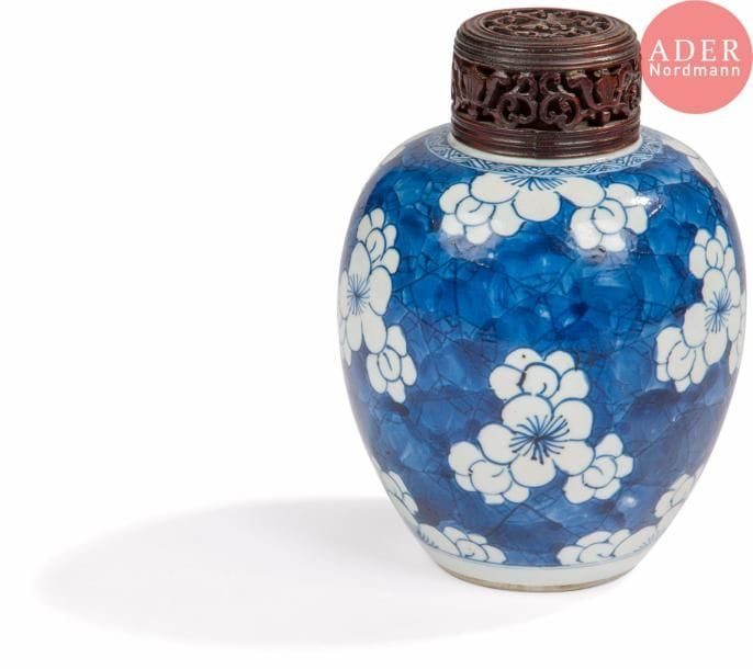 CHINE - XVIIIe siècle
Petit pot à gingembre en porcelaine bleu blanc à décor de fleur de prunus sur fond de miroir brisé. Le couvercle en bois ajouré à décor de fleurs de lotus. (Fêlure interne au col).
H. : 15,3 cm.