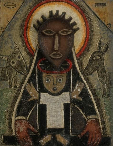 Marie VASSILIEFF (1884-1957)
Icône, 1953
Peinture et cuir découpé sur feuille d’argent montée sur panneau.
Signée et datée au dos.
16 x 13 cm

Provenance : 
Galerie Cardo, Paris (étiquette au dos).