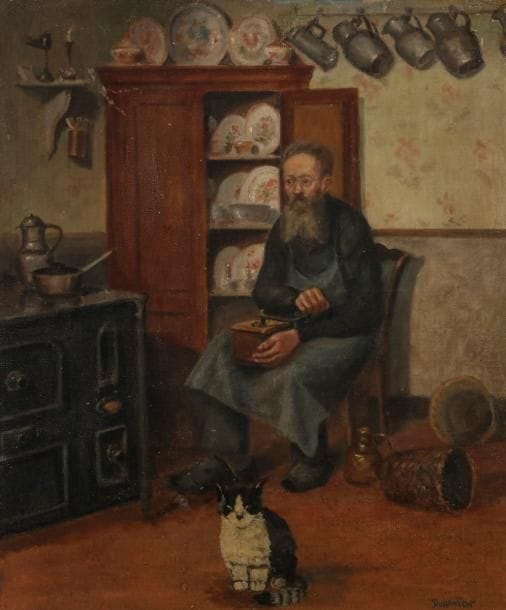 André DURANTON (1905-?)
Homme au moulin à café et un chat
Huile sur panneau.
Signée en bas à droite.
55 x 46 cm