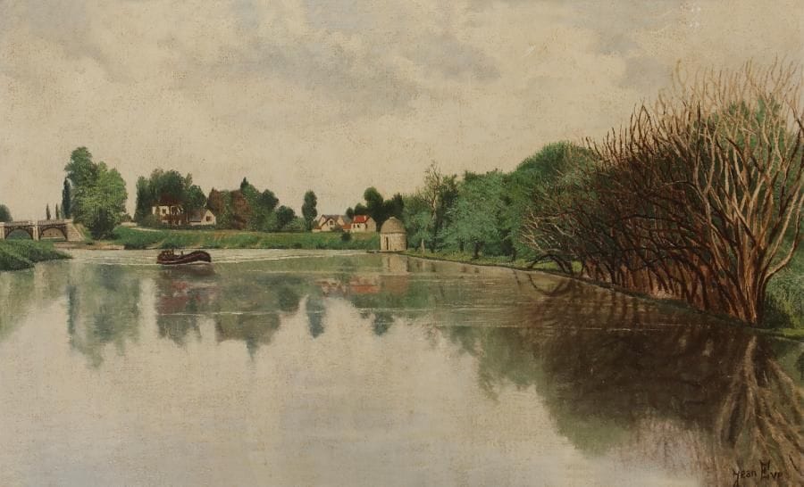 Jean EVE (1900-1968)
Vue sur l’ancien barrage de Bezons
Huile sur toile.
Signée en bas à droite.
38 x 61 cm