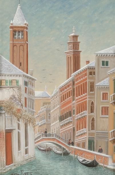 Jean EVE (1900-1968)
Venise, San Barnaba en hiver, 1956
Huile sur toile.
Signée en bas à gauche.
Signée, datée, numérotée et titrée au dos.
33 x 22 cm