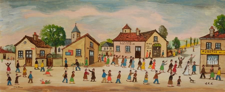 Jean FOUS (1901-1971)
La Noce, 1951
Huile sur panneau.
Signée en bas à gauche.
Signée, datée et titrée au dos.
23 x 55 cm