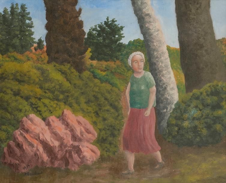 André BAUCHANT (1873-1958)
La Promenade, 1939
Huile sur toile.
Signée et datée en bas à gauche.
46 x 54 cm

Provenance : 
Collection du peintre Jean Eve (porte le timbre de la vente d’atelier au dos).