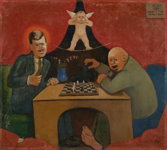 Madeleine Kula, dite LUKA (1894-1989)
Les KK, 1961 - L’Âge d’or ?, 1962
2 huiles sur panneau.
Signées, datées et titrées.
60 x 66  cm et 73 x 60 cm