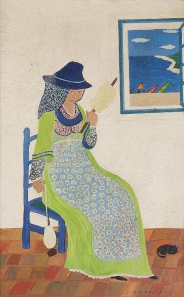 MINACROULOS (née en 1928)
La Fileuse
Huile sur toile.
Signée en bas à droite.
35 x 22 cm