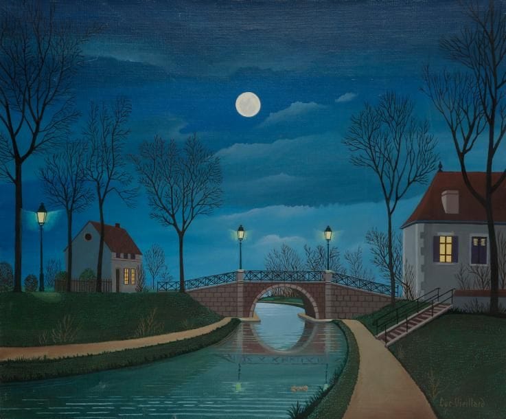 Lucien VIEILLARD (né en 1923)
Clair de lune sur un canal, 1972
Huile sur toile.
Signée en bas à droite.
Signée, datée et titrée au dos.
(Petit accident).
46 x 55 cm