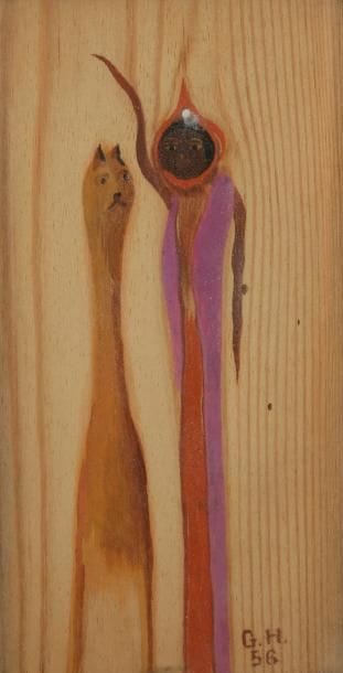 Georges HUGNET (1904-1974)
Femme au chien, 1956
Gouache sur panneau de bois veiné.
Signée et datée en bas à droite.
13 x 7 cm

Provenance : 
Vente de l’Atelier.