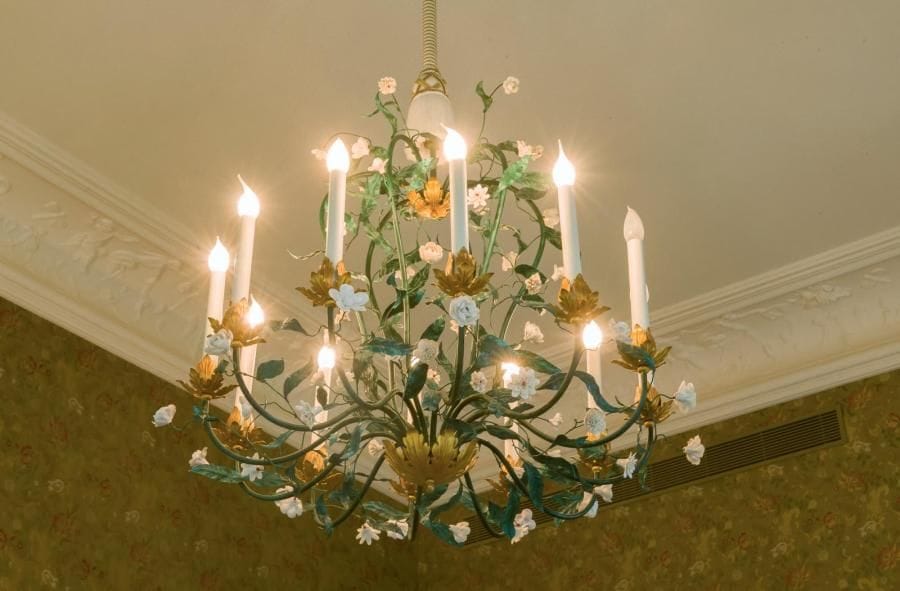 Lustre
En fer et tôle peinte et dorée à douze lumières, décor de feuillage
H : 80 cm ; D : 73 cm
Travail de la Maison Delisle