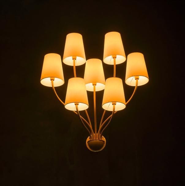 Huit appliques en bronze doré à sept bras de lumières.
Travail dans le goût de Royère.
H : 75 cm ; L : 75 cm
Pourront être divisées