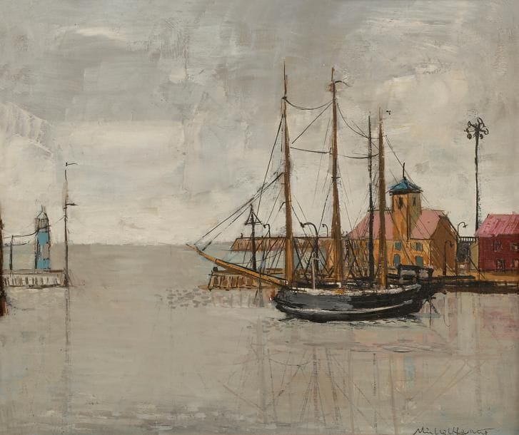 Michel HENRY (né en 1928)
Suède, port de Visby, 1951
Huile sur toile.
Signée en bas à droite.
46 x 55 cm