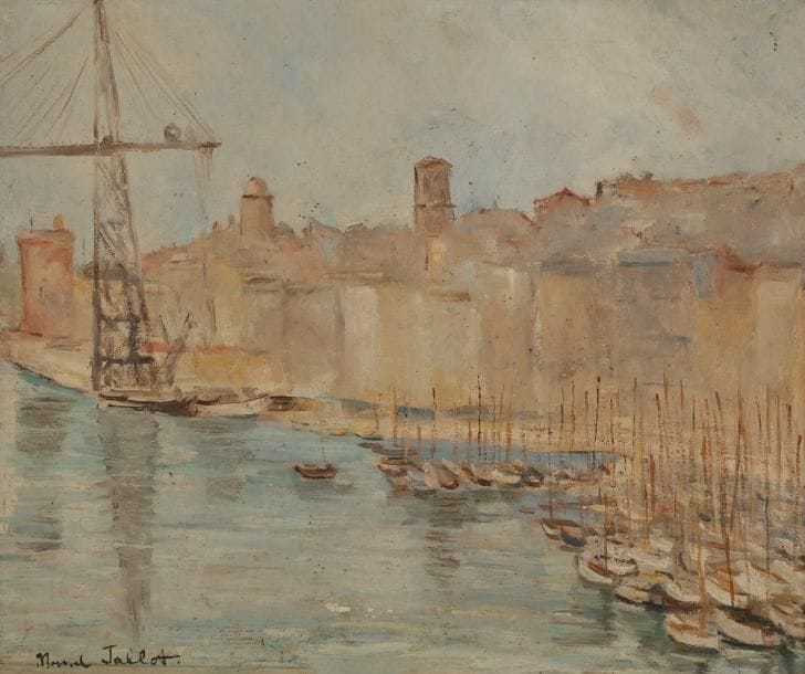 Marcel-Edouard JALLOT (1904-?)
Marseille, le port, 1941
Huile sur toile.
Signée en bas à droite.
Signée, datée et située au dos.
38 x 46 cm
