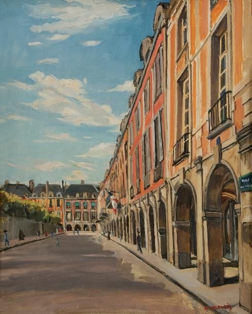 Guy MONTIS (1918-1976)
Paris, place des Vosges, 1962
Huile sur toile.
Signée en bas à droite.
Signée, datée et titrée au dos.
61 x 50 cm