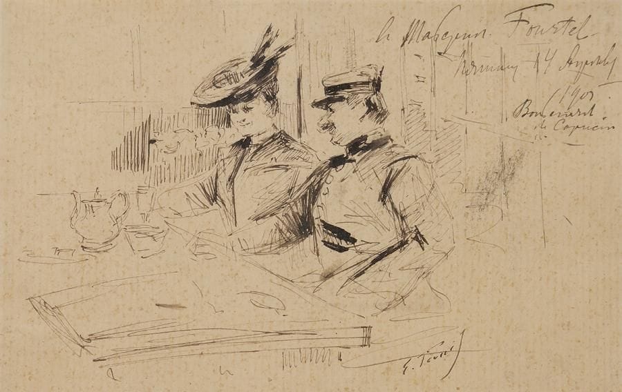 Elie-Anatole PAVIL (1873-1944)
Le Déjeuner, 1901
Encre.
Signée en bas droite.
Dédicacée et datée « A Madame Fourtel...»
(Rousseurs).
13 x 19 cm