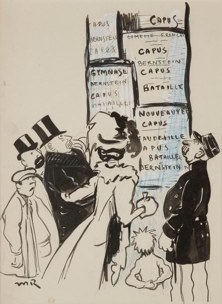 Maurice RADIGUET (1866-1941)
A l’affiche
Encre de Chine et crayon bleu.
Monogrammé en bas à gauche.
Dessin original pour le journal La Gaudriole.
31 x 23.5 cm