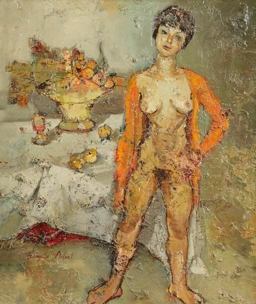 Françoise ADNET (1924-2004)
Nu au panier de fruits
Huile sur toile.
Signée en bas à gauche.
55 x 46 cm