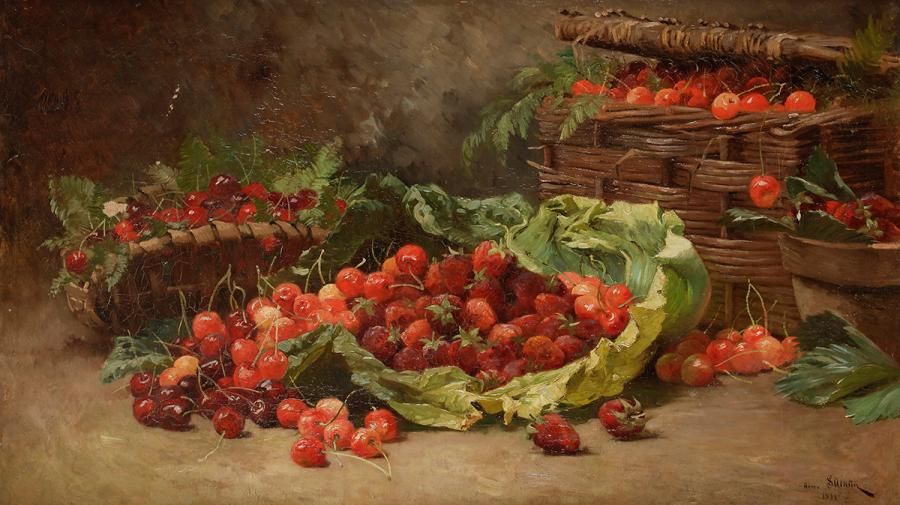 Henri SAINTIN (1846-1899)
Corbeilles de fraises et cerises, 1888
Huile sur toile.
Signée et datée en bas à droite.
(Petits manques).
55 x 93.5 cm