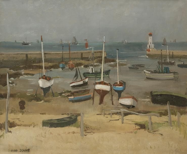 Claude SCHURR (1921-2014)
Le Port de La Turballe
Huile sur toile.
Signée en bas à gauche.
Titrée au dos sur le châssis.
54 x 65 cm