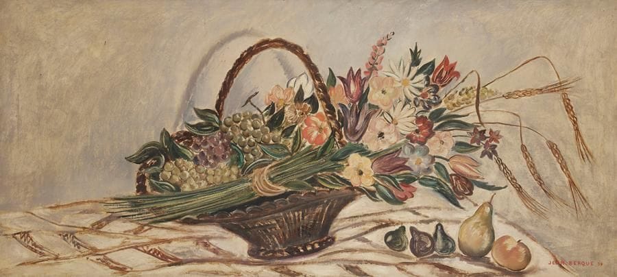 Jean BERQUE (1896-1954)
Panier de fruits et fleurs, 1939
Huile sur toile.
Signée et datée en bas à droite.
60 x 135 cm