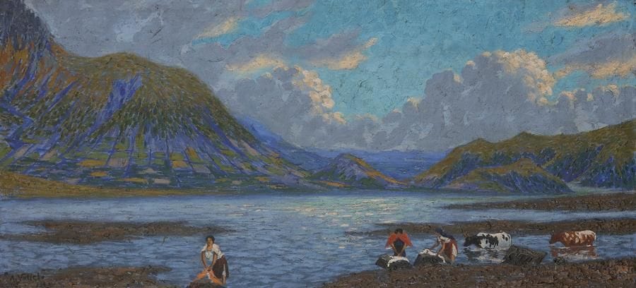 A. VALLETO (XXe siècle)
Équateur, Laguna de San Pablo, 1929
Huile sur toile.
Signée et datée en bas à gauche.
Titrée et datée au dos.
40 x 88 cm