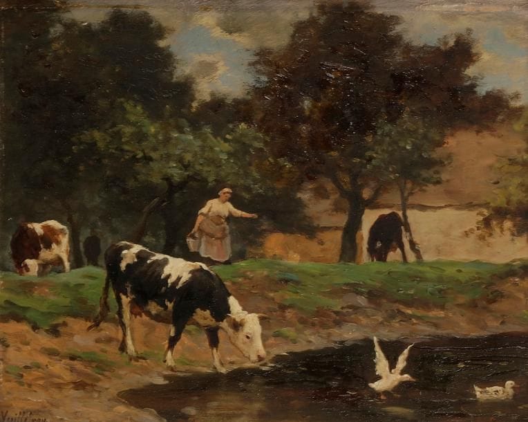 Félix Dominique de VUILLEFROY
(1841-1910)
Scène de ferme, la vache s’abreuvant
Huile sur panneau.
Signée en bas à gauche.
19 x 22 cm