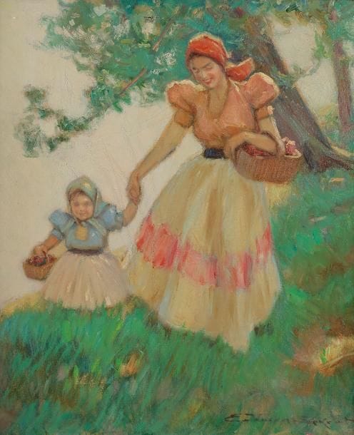 Eugen VON WARUN-SEKRET (1896-1963)
Femme et enfant aux paniers
Huile sur toile.
Signée en bas à droite.
(Petits accidents).
47 x 42.5 cm