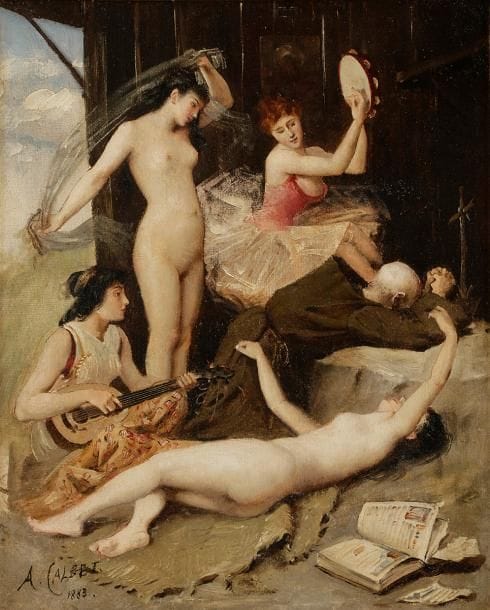 Antoine CALBET (1860-1944)
La Tentation de Saint-Antoine, 1883
Huile sur toile.
Signée et datée en bas à gauche.
(Rentoilée).
41 x 33 cm