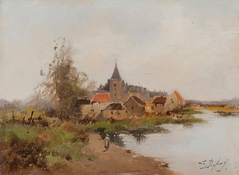 Louis DUPUY (1854-1941)
Village en bord de rivière
Huile sur panneau.
Signée en bas à droite.
16 x 22 cm

Commentaire : 
L’artiste est réputé être connu sous le nom d’Eugène GALIEN-LALOUE.