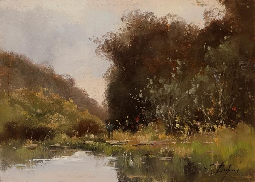 Louis DUPUY (1854-1941)
Personnage en bord de rivière
Huile sur panneau.
Signée en bas à droite.
16 x 22 cm

Commentaire : 
L’artiste est réputé être connu sous le nom d’Eugène GALIEN-LALOUE.
