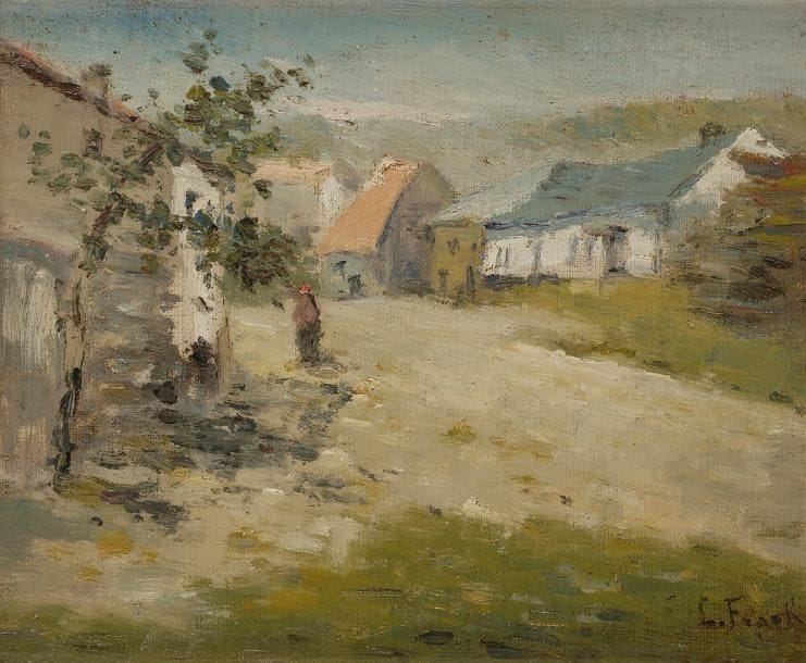 Lucien FRANK (1857-1920)
Paysage au village animé
Huile sur toile contrecollée sur panneau.
Signée en bas à droite.
21 x 27.5 cm