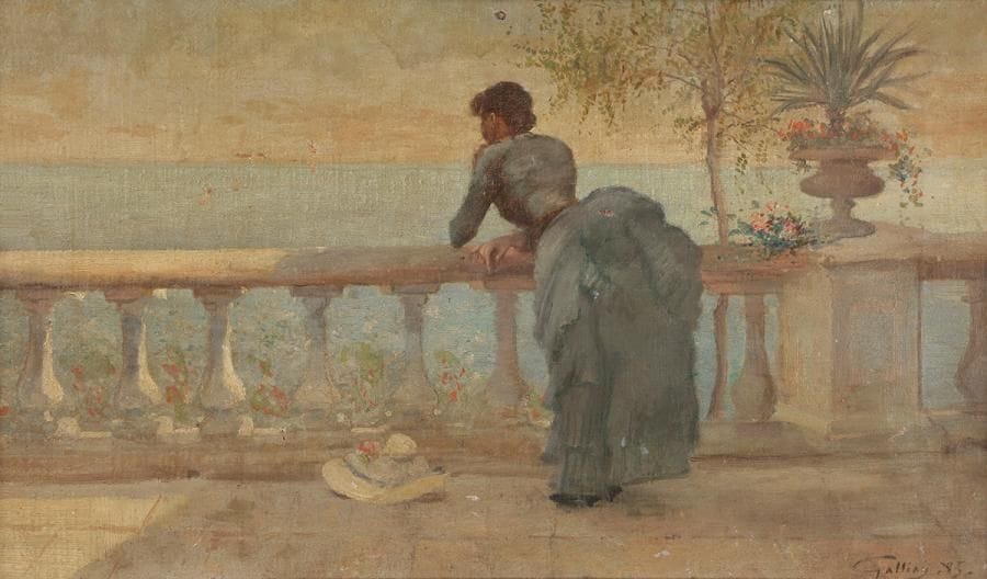 GALLIAY (XIXe siècle)
Femme au balcon, 1885
Huile sur toile.
Signée et datée en bas à droite.
(Accidents et restaurations).
27 x 46 cm