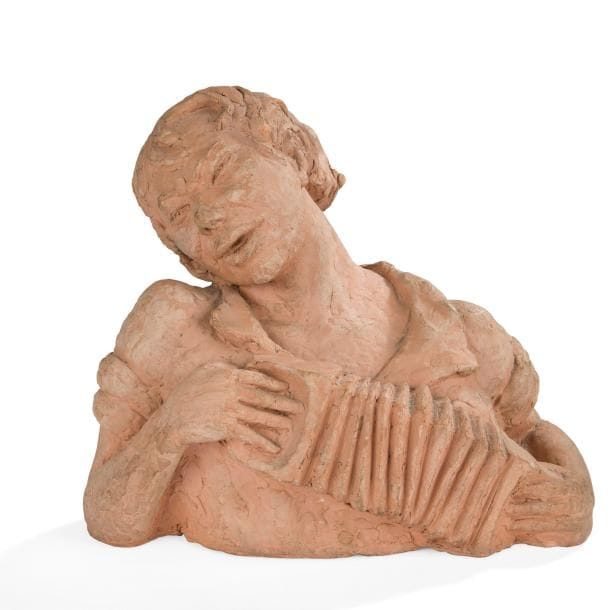Léon MOURADOFF (1893-1980)
Joueur d’accordéon, 1939
Sculpture. Terre cuite originale. Un éclat au coude droit. Signée L. MOURADOFF et datée 1939 sous le bras gauche. H. 26 cm 