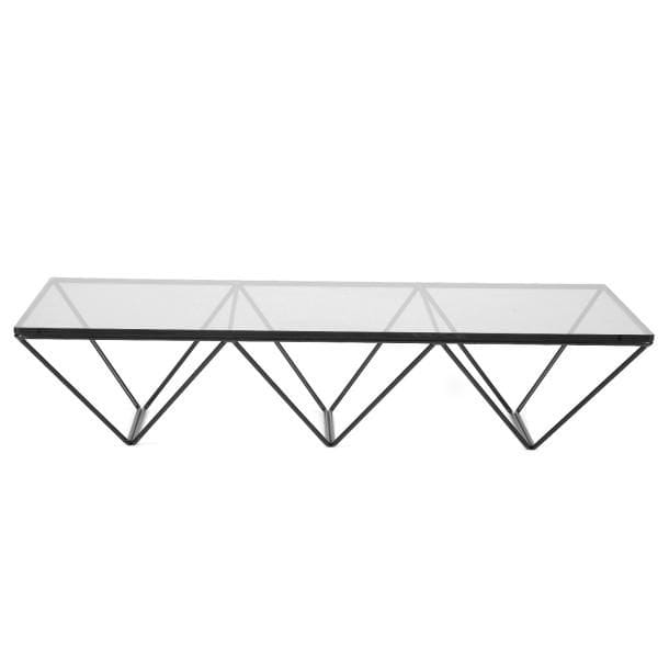 Paolo PIVA (né en 1950) Designer & B&B Italia Éditeur 
Atlanta 
Table basse. Base en métal laquée noir formant quatre pyramides renversées, recevant un dessus de verre. 27 x 120 x 60 cm 