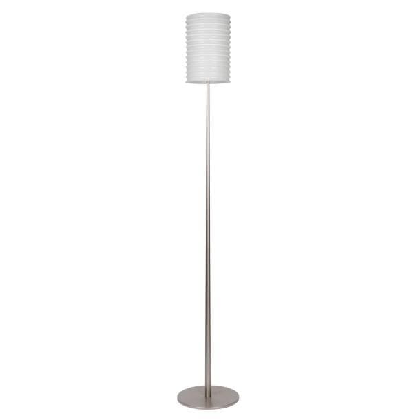 LEUCOS 
Lampadaire de salon. Base et fût en inox. Abat-jour en opaline blanche. Label d’éditeur sous la base. H. 179 cm