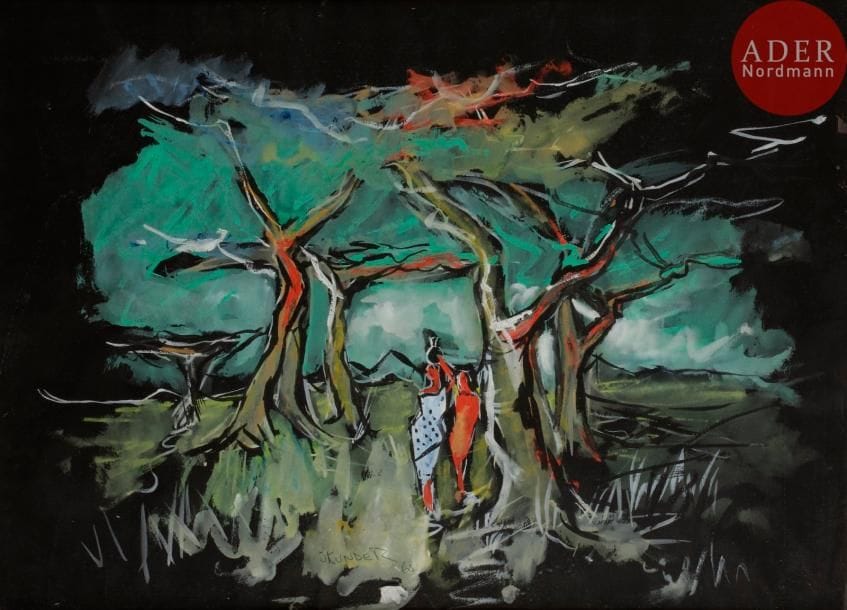 Alexander SKUNDER BOGHOSSIAN [éthiopien] (1937-2003)
Femme africaine dans un paysage, 1960
Gouache.
Signée et datée en pied.
50 x 65 cm