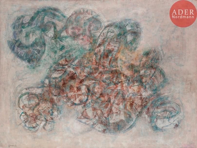 Ahmed Ben Driss EL YACOUBI [marocain] (1928-1985)
Faces of the spirit, 1968
Huile sur toile.
Signée en bas à gauche.
Datée et titrée au dos sur le châssis.
91 x 122 cm

Expositions : 
- Yacoubi, Rising Night Gallery (son atelier personnel), New York, 1976.
- Yacoubi, Galerie Le Savoroux, Casablanca, 1978.
- Rétrospective Yacoubi, International 52 Gallery, New York, 1987.