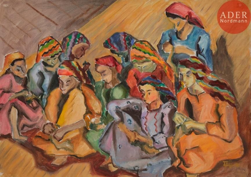 Inji EFFLATOUN [égyptienne] (1924-1989)
Femmes égyptiennes au travail
Huile sur toile contrecollée sur carton.
Signée en bas à droite.
40 x 55 cm