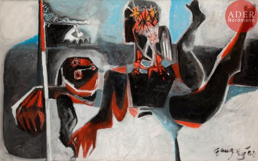Narayanan AKKITHAM [indien] (né en 1939)
Femme à l’oiseau, 1968
Huile sur toile.
Signée et datée en bas à droite.
Signée au dos.
73 x 116 cm