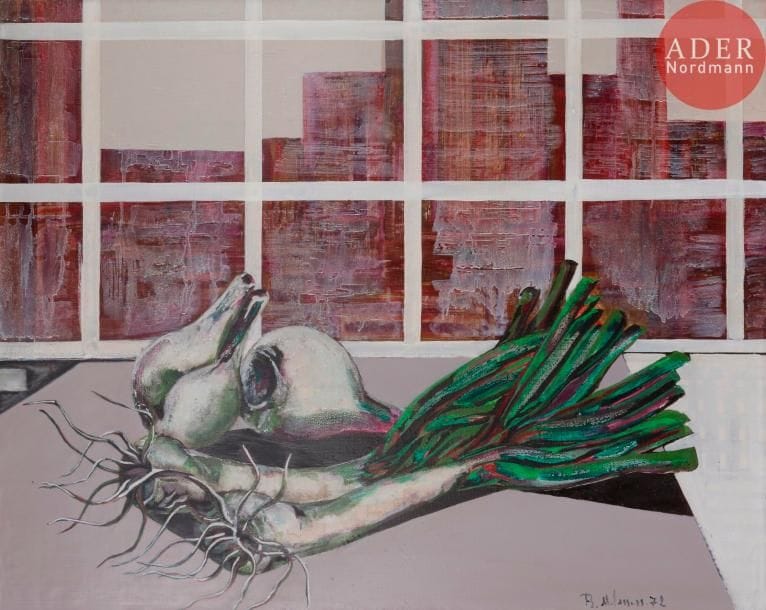 *Bahman MOHASSES [iranien] (1931-2010)
Nature morte aux poireaux et oignons, 1972
Huile sur toile.
Signée et daté en bas à droite.
81 x 100 cm

Provenance : 
Collection particulière, États-Unis - France.