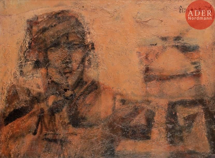 M’hamed ISSIAKHEM [algérien] (1928-1985)
Autoportrait au bras coupé
Huile sur panneau.
Signée en haut à droite.
Signée « M’Hamed » au dos.
Annotée « Echaoui - coll Benzaïm ».
60 x 82 cm

Provenance : 
Ancienne collection du Professeur X., Alger.