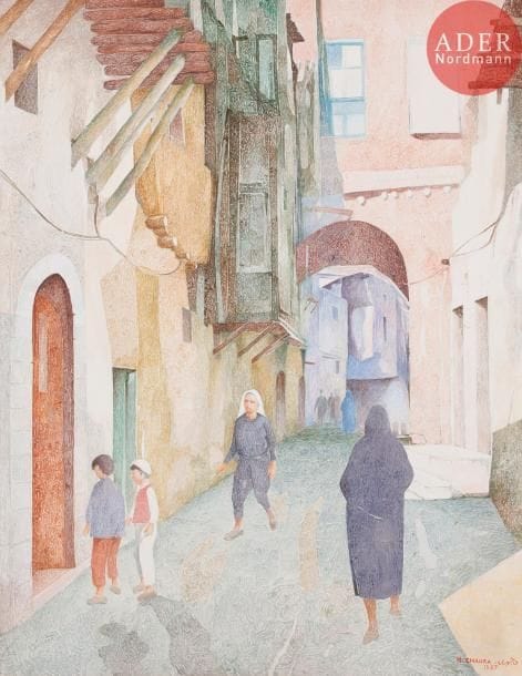 Nassir CHAURA [syrien] (1920-1992)
Rue animée en Syrie, 1987
Huile sur toile.
Signée et datée en bas à droite.
77 x 59 cm