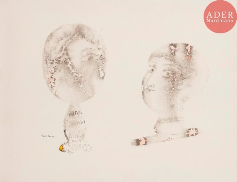 Sakti BURMAN [indien] (né en 1935)
Deux marottes
Encre et aquarelle sur papier contrecollé sur toile.
Signée en bas à gauche.
50 x 65 cm

Provenance :
Collection du critique d’art Mique Berra, Turin.