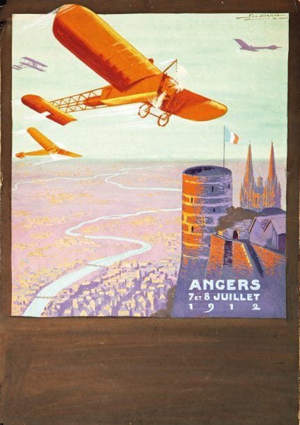 Géo DORIVAL
Angers 7 et 8 juillet 1912. Gouache sur carton. Signée et datée 1912 en haut à droite. Projet d'affiche pour meeting aérien. 55 x 38 cm. Bibliographie : Jean Charles Giroud, GEO DORIVAL Les affiches, Patrick Cramer Editeur, Genève 2009, page 23 n°22.