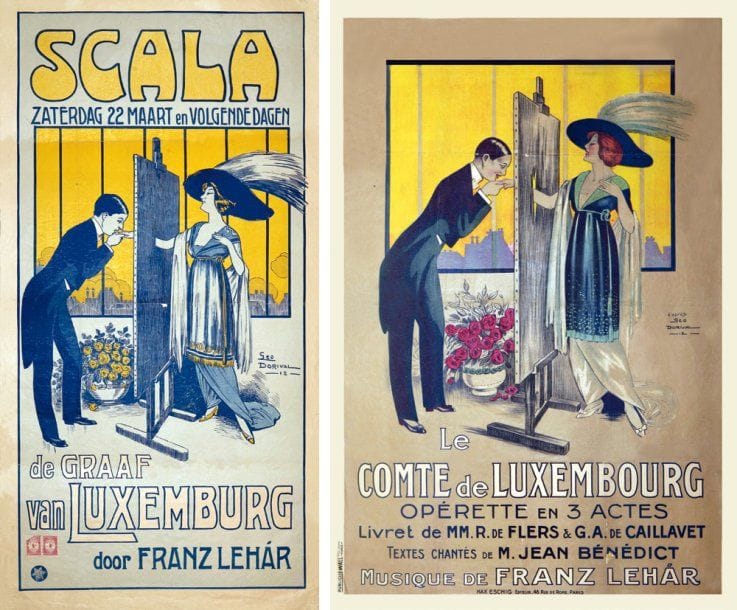 Géo DORIVAL
De Graaf van Luxemburg door Franz LEHAR. Signée et datée 1912 en bas à droite. Entoilée. Assez bon état (pliures marquées) On y joint une autre version en mauvais état. (Catalogue raisonné n°44-1) 107 x 56 cm. Bibliographie : catalogue raisonné n°43-2.