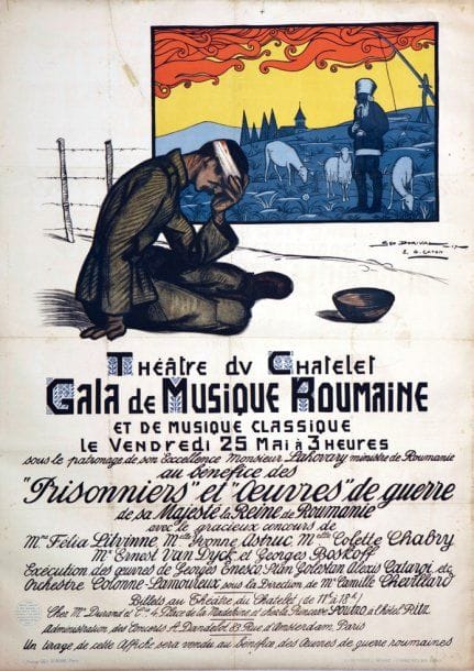 Géo DORIVAL
Gala de musique roumaine théâtre du Châtelet. Signée et datée 1917 en haut vers la droite. Cosignée G. Capon. Contrecollée sur papier. Etat moyen. 110 x 100 cm. Bibliographie : catalogue raisonné n°80.
